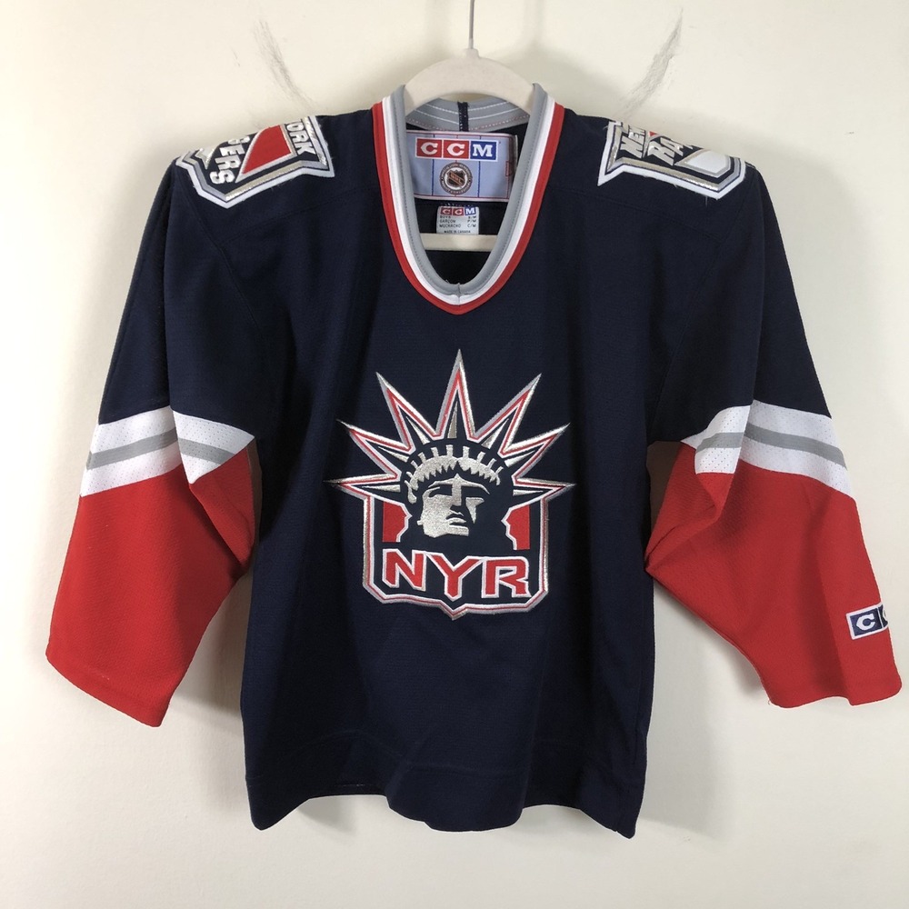 New York Rangers Lady Liberty NHL CCM Hockey Jersey Boys Sz S Navy Red Vintage